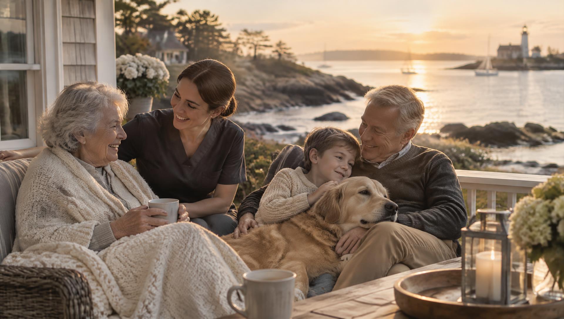 A family and their caregiver sharing a warm evening together on a porch overlooking the water